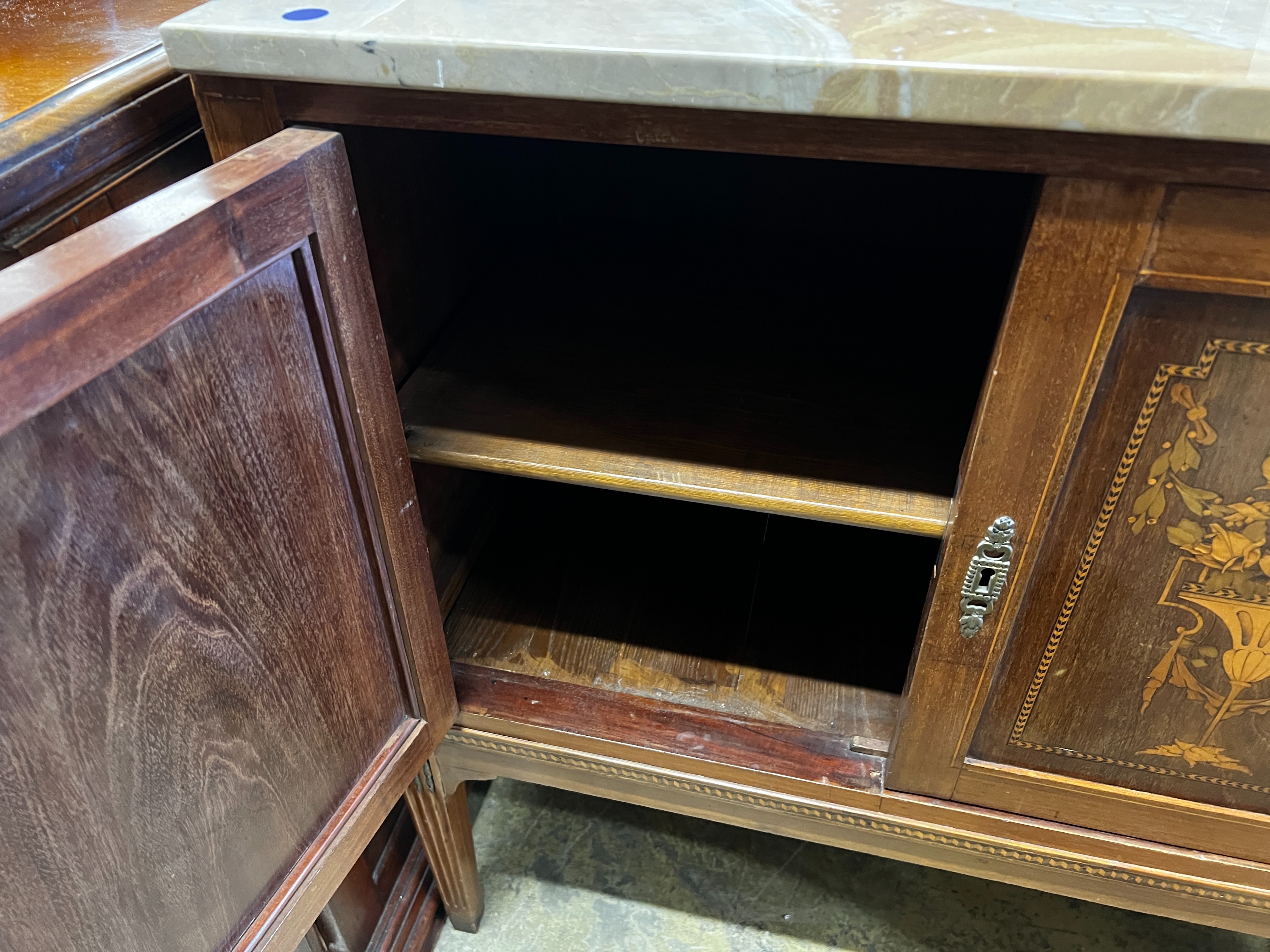 An Edwardian marquetry inlaid marble top washstand, width 72cm, depth 38cm, height 82cm together with a reproduction mahogany elbow chair